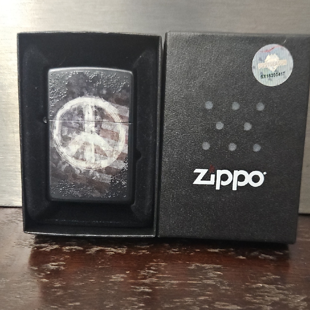 ZIPPO "PEACE" with an American Flag Faded In The Background